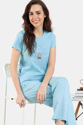 Zivame Desi Drama Knit Cotton Pyjama Set Aqua Sky